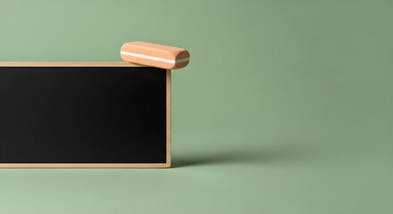 Black chalkboard with wooden frame and peach eraser rests on corner blackboard