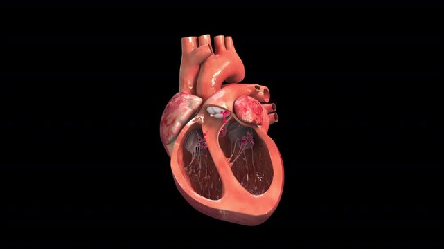 Dynamics of a beating heart pumping blood, blood flow in the ventricles, atria, and aorta, 3D animation of the cardiovascular system, suitable for medical, educational, and healthcare applications.