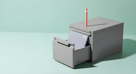Gray filing cabinet with an open drawer holding documents and a pink pencil on top