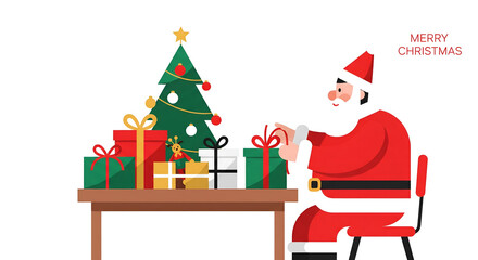 Santa Claus Prepares Christmas Gifts: A Festive Flat Design