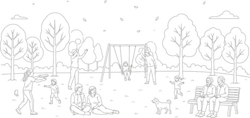 Joyful families and friends enjoying a sunny day with outdoor activities like playing frisbee and swinging