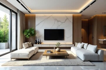 Serene Modern Living Room Sleek Marble, Natural Light, Minimalist Design