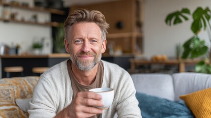 Happy middle aged man holding coffee cup relaxing on couch at home. Smiling mature older man drinking tea looking at camera sitting on cozy sofa chilling in modern kitchen living room. Portrait.