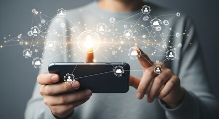 Man using smartphone for social media connection and global network concept with light effect