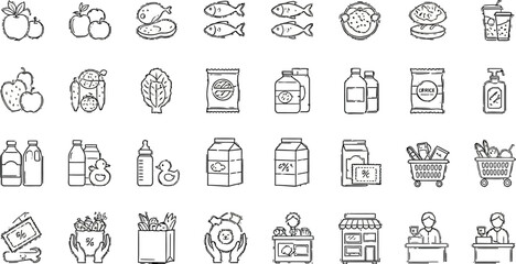 Vibrant grocery icons showcasing fresh produce, dairy, meat, and shopping essentials for a healthy lifestyle.