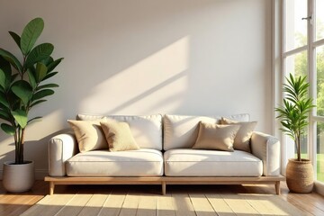Relaxing scene of a sunlit living room with a comfortable sofa and soft pillows inviting rest and relaxation Perfect for home decor, interior design, and lifestyle concepts , interior, house
