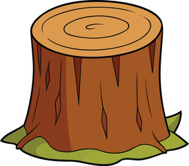 A cartoon tree stump with a single green leaf resting on top, set against a simple background.
