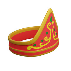 3d illustration of a traditional ceremonial red and yellow crown with decorative golden patterns, cultural accessory design, perfect for heritage and fashion.
