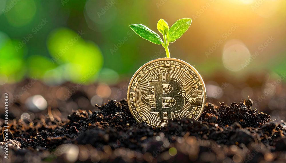 Poster bitcoin bloom: a golden bitcoin coin embedded in rich soil, a tiny sprout of a new leaf. representin