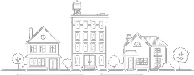 Charming neighborhood street with houses and apartment building in elegant line art style illustration