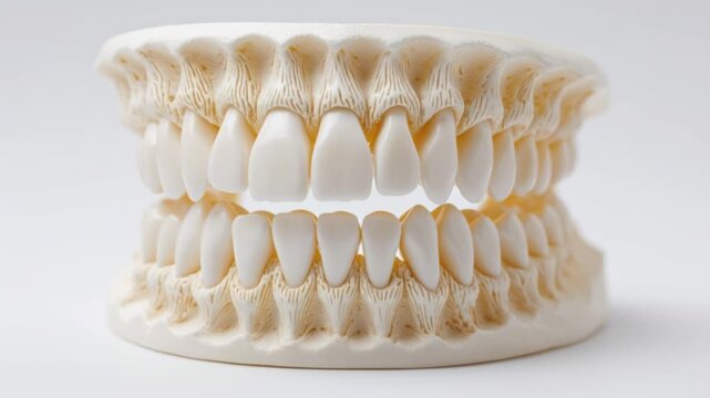 A dental model showing both the upper and lower sets of teeth with gums and bonelike support structures