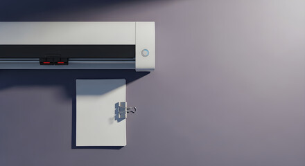 A white air conditioning unit mounted on a lilac wall with a stack of papers clipped