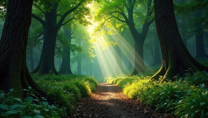 Obraz premium Sun-dappled path winds through a dense, ancient forest, sunlight filtering through leaves A sense of mystery and tranquility pervades the scene , untamed, undergrowth