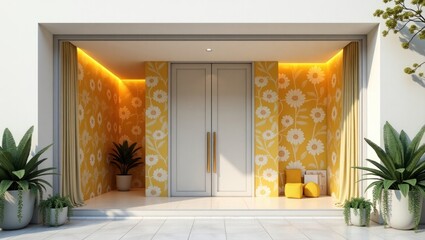 A sun-drenched outdoor entryway features vibrant yellow walls adorned with a floral pattern of daisies and sunflowers, creating a welcoming and cheerful ambiance.