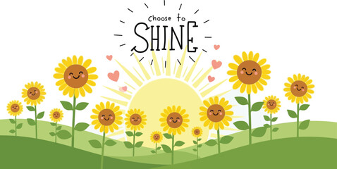 Cheerful sunflowers blooming in sunny field with hearts reminding us to choose to shine brightly