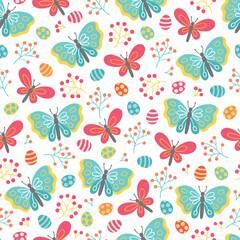 Seamless Easter pattern featuring vibrant butterflies and colorful flowers on a light background.