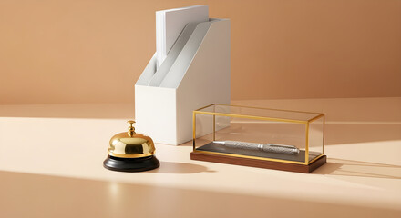 A brass service bell and a metallic pen displayed in a glass case on a desk