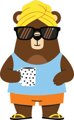 Relaxing cartoon bear enjoying morning coffee in sunglasses and turban, summer vibes and fun for kids