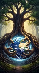 Arboreal embrace a towering tree cradling the earth with its root-like hands in a forest