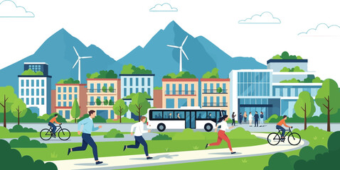 Inspiring eco-friendly urban landscape with running and cycling people embracing sustainable city life beautifully