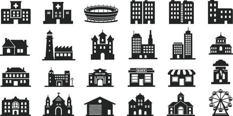 Diverse building icon set featuring hospital, stadium, skyscraper, bank, church, and ferris wheel silhouettes