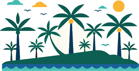 Tropical island paradise beckons with swaying palm trees and turquoise waters under sunny skies