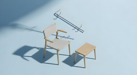 Minimalist modern wooden chair small side table and wall mounted coat rack on a pastel blue  with shadows