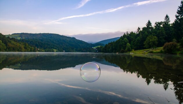 A soap bubble over a still lake