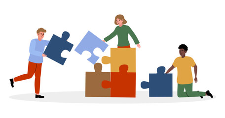 Children collaborating to build a colorful puzzle tower indoors