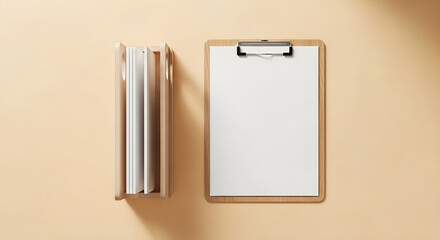Wooden clipboard holding blank white paper next to a wooden paper holder with white pages