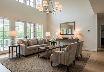 Fototapeta premium Bright living room featuring natural light neutral tones elegant furniture and inviting atmosphere perfect for modern