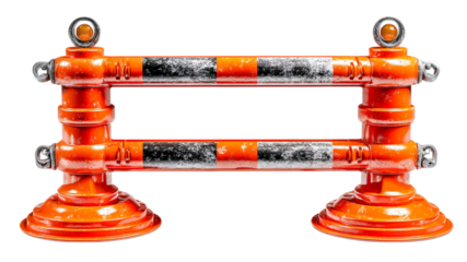 A vibrant orange traffic barrier with reflective stripes for road safety applications.