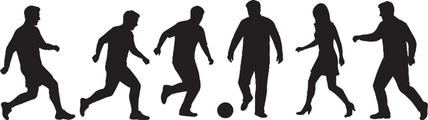 Diverse Human Silhouettes Walking and Playing Soccer Vector Set