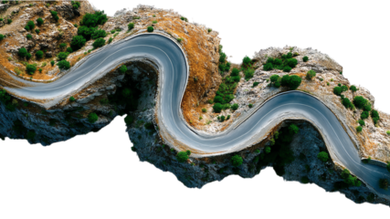 Aerial view of a winding road through scenic hilly terrain with lush greenery.