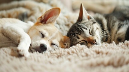 Cats and Dogs Sleeping Images, capturing warm moments of cats and dogs sleeping together, including scenes of cats and dogs cuddling to sleep on the sofa, snuggling in pet beds, and sleeping lazily on