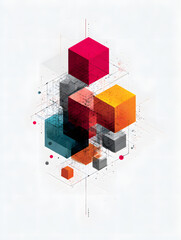 Abstract composition of colorful geometric cubes in a dynamic structure.
