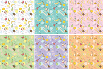 A six lively and colorful pattern showcasing an assortment of fruits and decorative items in a whimsical layout.