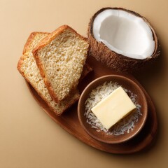 Fresh toasted bread slices with coconut and butter on a wooden plate, showcasing a simple breakfast or snack with tropical flavor and dairy ingredients.