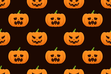 Vector seamless pattern of fat pumpkins with sad and angry faces on dark background. Perfect for spooky designs, Halloween posters, and creepy crafts.