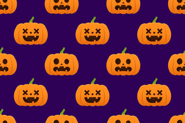 Seamless fat pumpkin pattern with shocked and smiling faces on purple background. Great for kids’ Halloween projects, prints, and decorations.