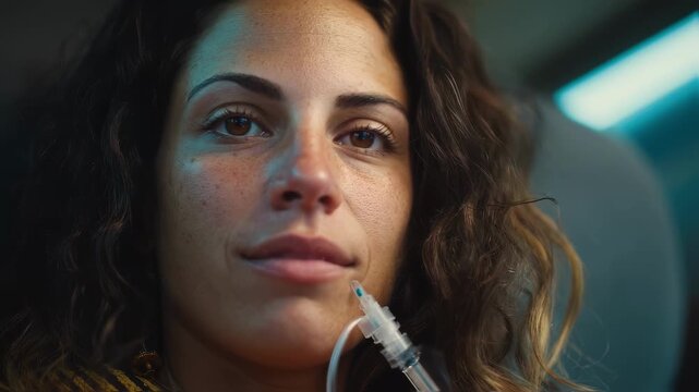 Patient holding an infusion catheter inside the eRV receiving therapy during a road trip medium shot with sharp detail on medical tubing and relaxed expression.