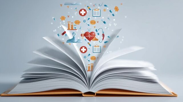 Open book with medical icons floating above it suggesting knowledge or information