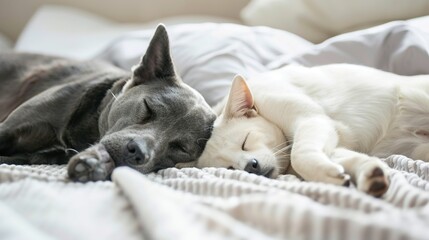 Cats and Dogs Sleeping Images, capturing warm moments of cats and dogs sleeping together, including scenes of cats and dogs cuddling to sleep on the sofa, snuggling in pet beds, and sleeping lazily on