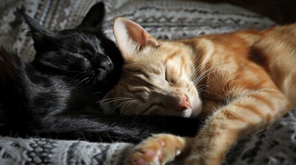 Cats and Dogs Sleeping Images, capturing warm moments of cats and dogs sleeping together, including scenes of cats and dogs cuddling to sleep on the sofa, snuggling in pet beds, and sleeping lazily on