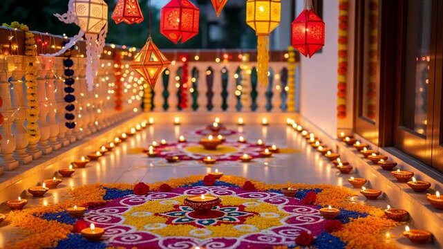 Traditional Indian festival of lights decorations. A home balcony adorned with lit clay diyas, marigold flower rangoli, and festive lanterns at night.
