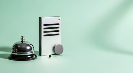 Vintage service bell and modern electronic device on a mint green vintage bell