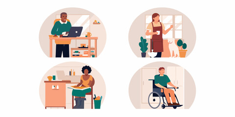 Diverse people working and relaxing at home including a man with a laptop a woman with a dog a woman reading and a man in a wheelchair