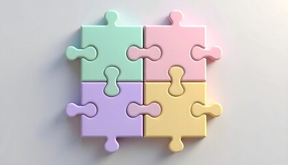 Obraz premium Four Colored Puzzle Pieces Connecting Representing Teamwork Isolated White