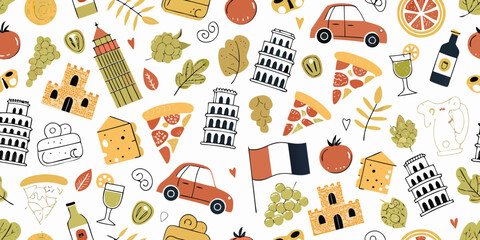 Charming italian holiday icons featuring leaning tower of pisa pizza and cars