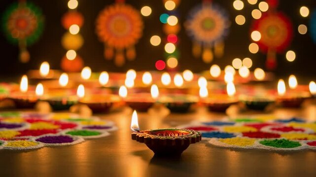 A close-up of a lit traditional diya oil lamp with a colorful rangoli design. Rows of glowing lamps and festive lights create a beautiful bokeh background for the Hindu festival of lights.